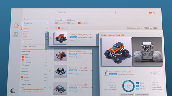 A software interface displaying a library of 3D models including a monster truck and a bulldozer.