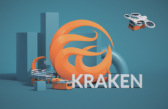 3D graphic with orange kraken logo, the word KRAKEN, delivery drones, and blue geometric shapes.