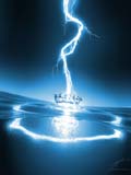 A bright blue lightning bolt strikes the dark ocean, creating a glowing ring of light on the water's surface.