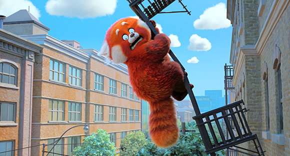 An animated red panda with a wide-eyed expression clings to a black metal fire escape against a city backdrop.