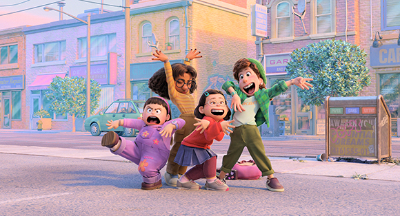 Four animated children laughing and playing in a sunlit city street with buildings in the background.