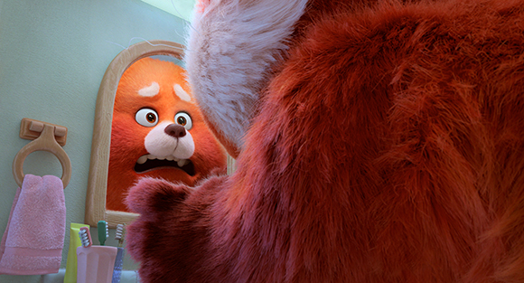 An animated red panda with a shocked expression looks at its reflection in a bathroom mirror.