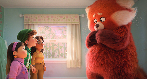 Three young girls stare up at a massive, fluffy red panda in a bedroom.