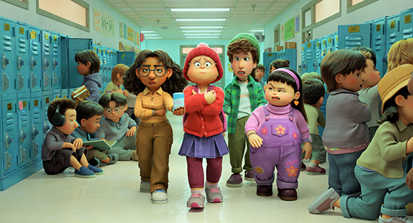 Animated students walk through a school hallway lined with blue lockers.
