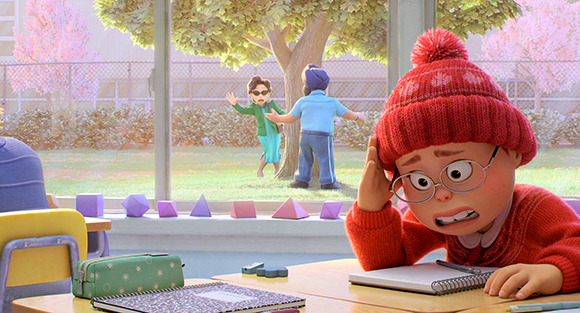 A worried child in a red sweater and hat sits at a desk, watching two adults argue through a window.