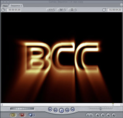 Glowing golden letters 'BCC' against a black background in a video editing software window.