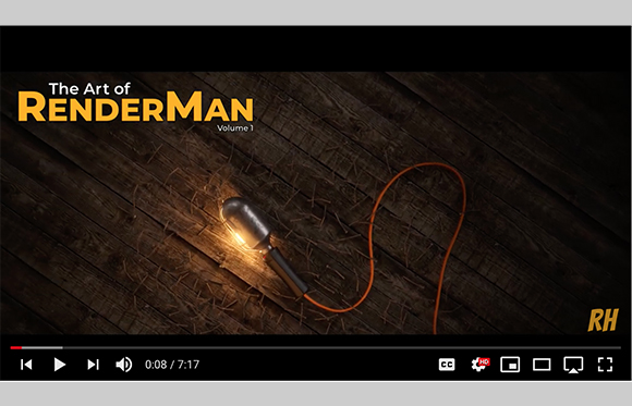 A glowing lightbulb on a wooden surface with the text The Art of RenderMan Volume 1.
