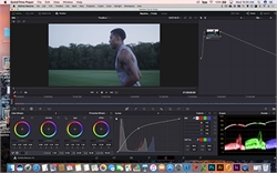 Video editing software interface displaying a man in a grey tank top against a forest background.