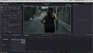 Video editing software interface displaying a woman running down a narrow alleyway.