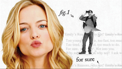 A blonde woman pouting her lips next to a cutout of a man looking through binoculars.