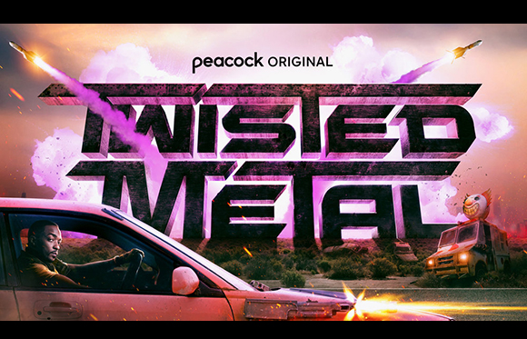 Twisted Metal title logo with missiles flying through pink clouds and a man in a car in the foreground.