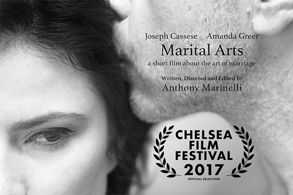 Black and white close-up of a person's face with text for the film Marital Arts.