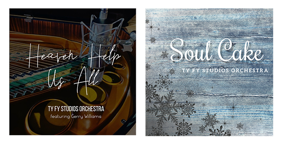Two square album covers: one with a piano and text, the other with blue wood grain and snowflake patterns.