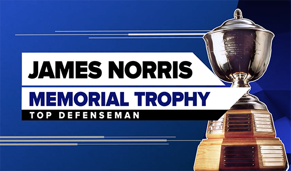 Graphic for the James Norris Memorial Trophy featuring a silver trophy on a blue background.