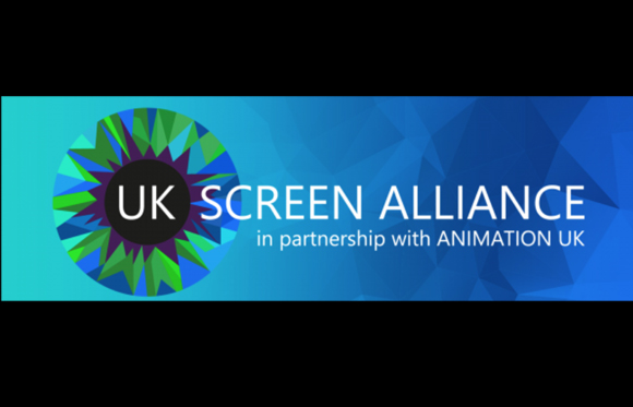 UK Screen Alliance logo with a colorful geometric circular emblem on a blue gradient background.