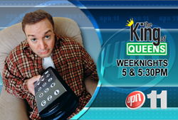 A man in a plaid shirt sits in an armchair holding a remote, next to text for The King of Queens on UPN 11.