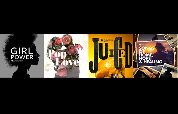 Four rectangular graphic designs featuring text and various imagery including a silhouette, flowers, fruit, and landscapes.