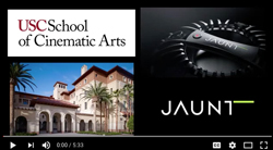 Split screen showing the USC School of Cinematic Arts logo, a campus building, and a Jaunt camera lens.