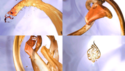 Collage of golden liquid splashing in slow motion against a light purple background with a gold calligraphic logo.