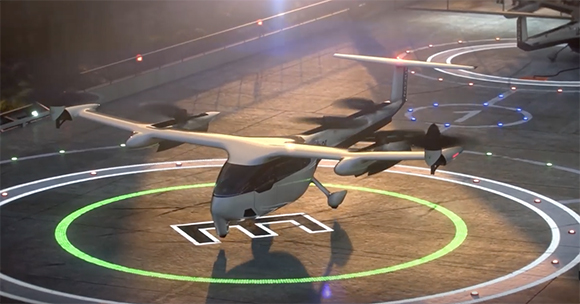 A white eVTOL aircraft with multiple rotors hovering above a circular helipad with green and blue lights.