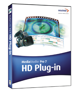 Software box for MediaStudio Pro 7 HD Plug-in featuring a video camera and film strip.