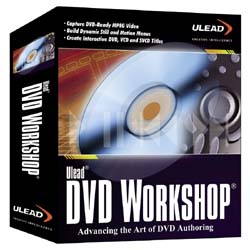 A software box for Ulead DVD Workshop featuring a close-up of a shiny optical disc.