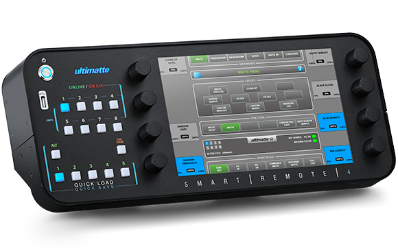 A black Ultimatte 12 Smart Remote with a digital touchscreen, physical buttons, and control knobs.