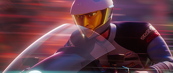 Animated racer in a white helmet and blue racing suit riding a motorcycle at high speed.
