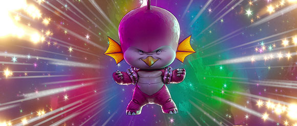 A small pink creature with fins and a grumpy expression floating amidst colorful light streaks and sparkles.