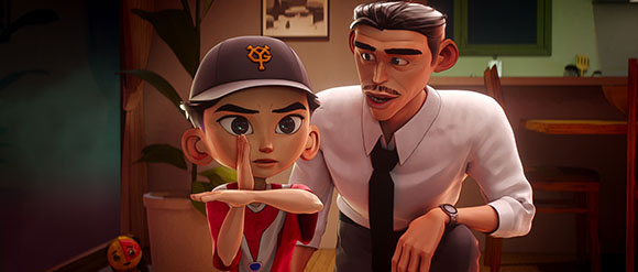 An animated boy in a baseball cap and a man in a white shirt and tie looking at each other.