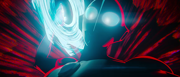A dark humanoid figure with glowing eyes and a swirling blue energy vortex in the background.