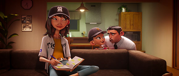 A young woman in a baseball cap sits on a brown sofa holding a notebook, while a man and child look on.