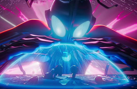 A massive dark figure with glowing white eyes looms over small people under a blue energy shield.