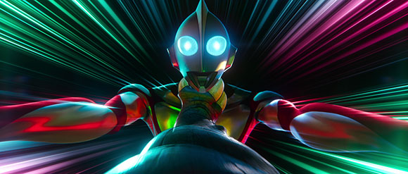 A superhero with glowing blue eyes and a silver helmet reaches toward the camera amidst colorful light streaks.