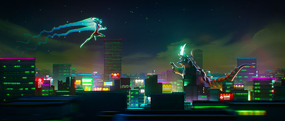 A glowing superhero flies through a dark, neon city toward a large, horned monster emerging from buildings.