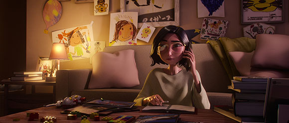 An animated woman with dark hair sits on a couch in a room decorated with children's drawings.