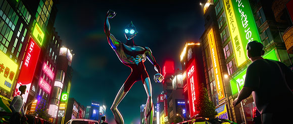 A giant silver and red superhero stands amidst glowing neon skyscrapers in a nighttime city.