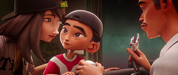 Animated woman and child look up at a man holding a small white figurine.