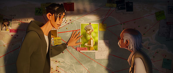 An animated young man and an older man look at a wall of investigation notes and photos connected by red string.