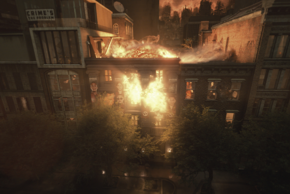 A multi-story building engulfed in bright orange flames and smoke under a dark, smoky sky.