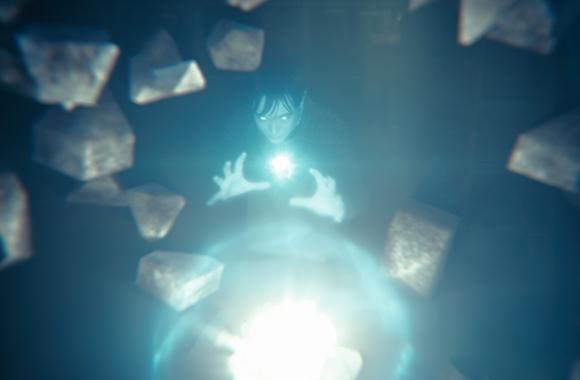 A person with glowing eyes holds a bright light while surrounded by floating, dark rocks in a dark space.