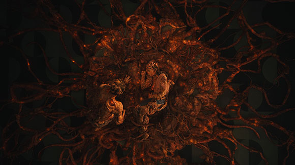 Tangled, glowing orange organic structures and roots surrounding indistinct human-like figures in darkness.