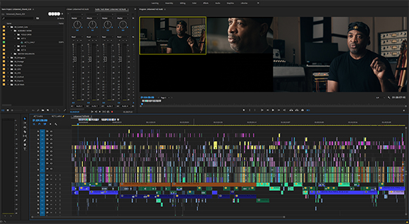 A video editing software interface displaying a multi-track timeline and a video preview of a man speaking.