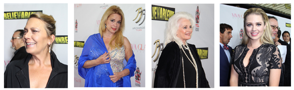 Four women pose for photos on a red carpet. The first woman on the left is smiling and wearing a black jacket. The second wom