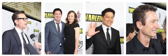 Collage of four individuals on a red carpet. One man is interviewed by a reporter. A man and woman pose together. A man waves
