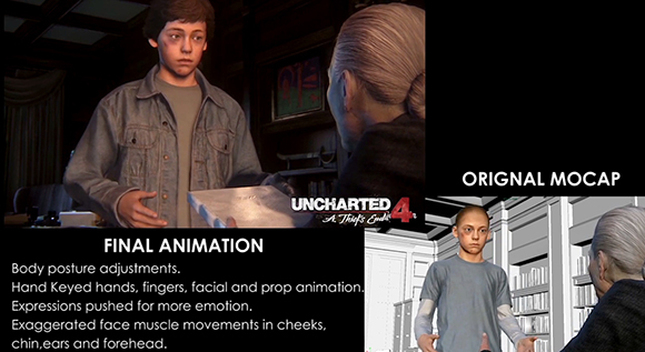 Split screen showing original motion capture versus final animation for a video game character.