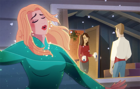 Animated blonde woman in a green dress looks upset while two people stand in a doorway behind her.