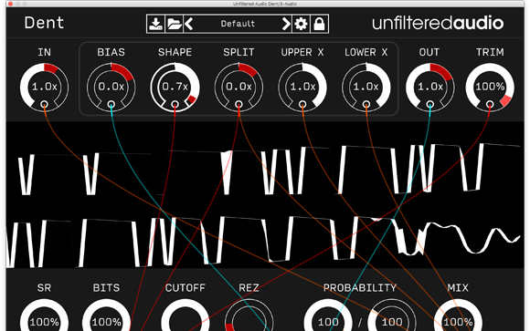Digital audio plugin interface with various knobs, sliders, and waveform visualizations on a black background.