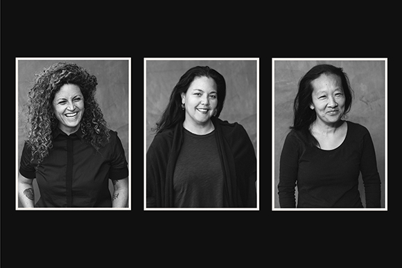 Three black and white portrait photographs of smiling women arranged side by side.