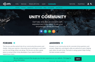 Unity Community webpage featuring a dark satellite view of Earth at night and navigation links.